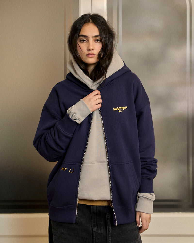 GLOBAL SOON ZIP-UP HOODIE NAVY